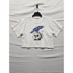 Modern Lux Womens Graphic‎ Cropped T-Shirt White Cotton Blend Casual Size Medium